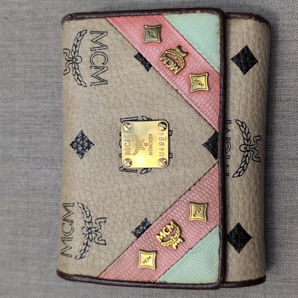 Authentic MCM Visetos Trifold Beige and Pink Leather Wallet with COA - Picture 5 of 11